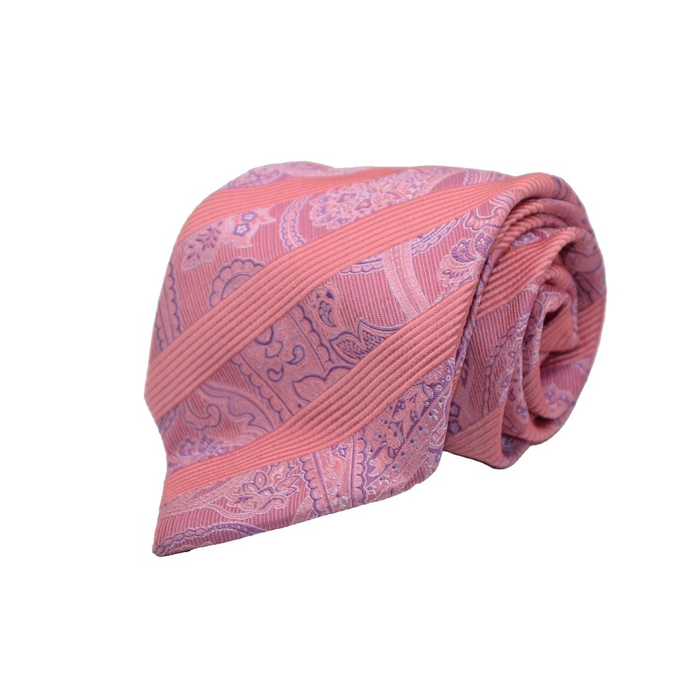 CANALI White Pink Intricate Floral Diagnol Striped Thick Woven Silk Tie Italy